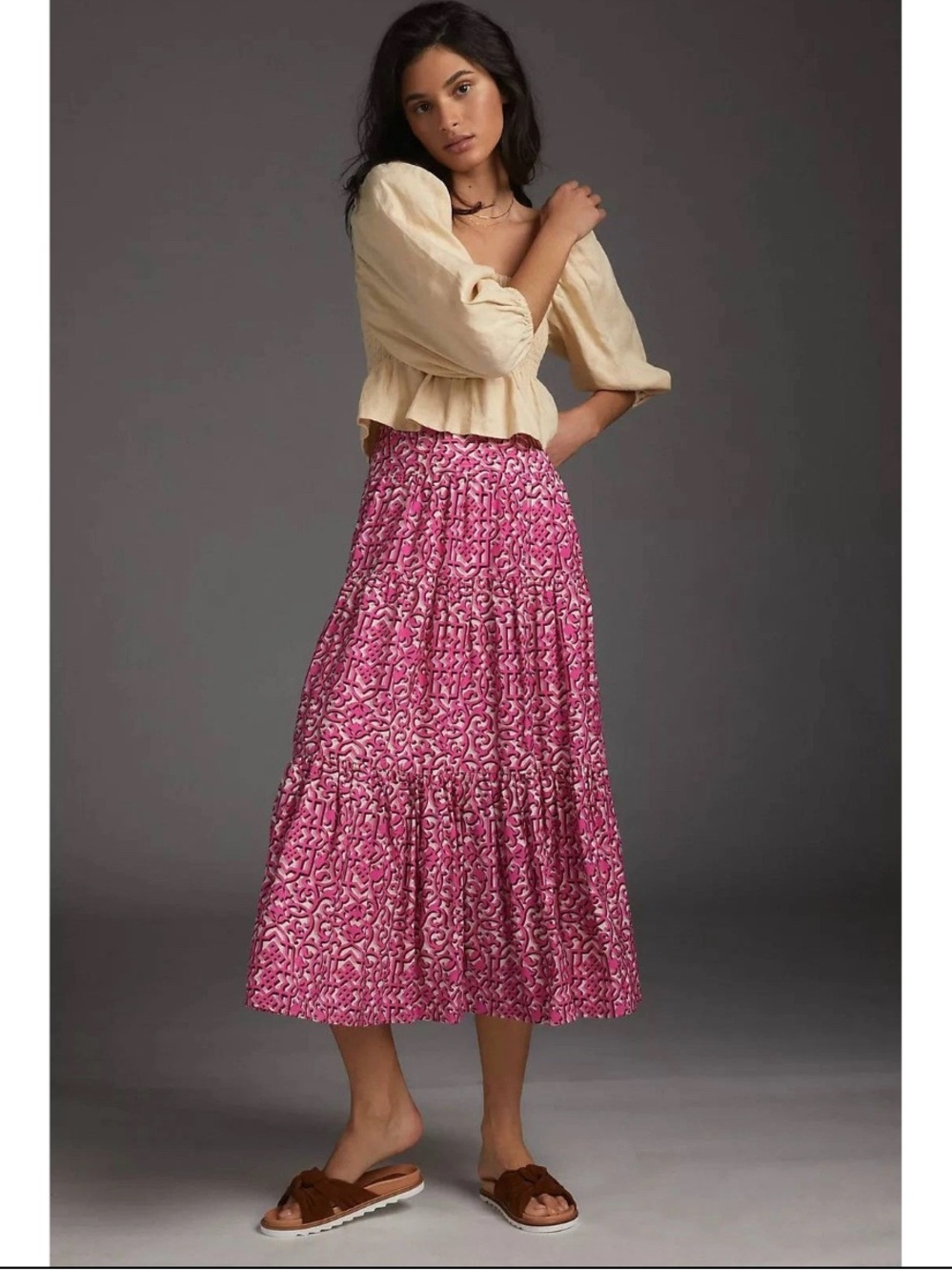 ByAnthropologie Pink Pattern Marcella Tiered Midi High Rise Flowy Skirt, Size XL